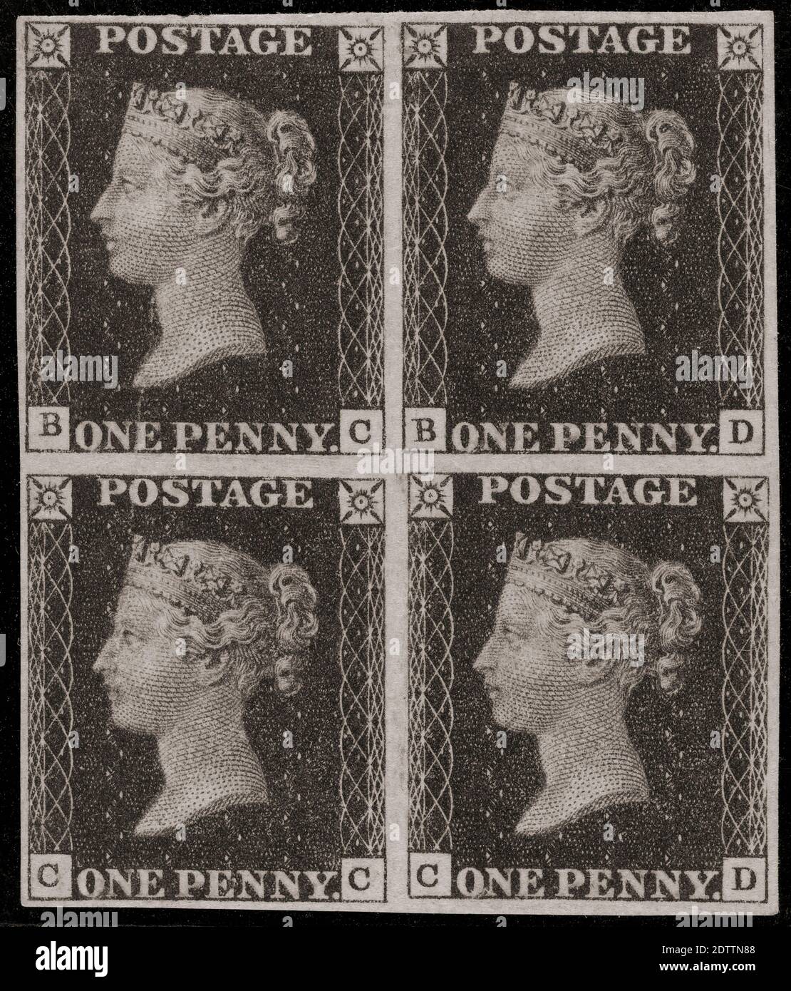 A block of four Penny Black postage stamps.  The Penny Black was the world’s first adhesive postage stamp.  The stamp, featuring a portrait of Queen Victoria, was issued on May 1, 1840. Stock Photo