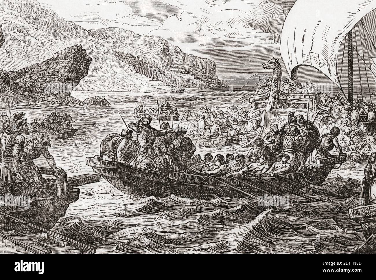 Phoenician fleet on voyage of discovery in the Mediterranean sea.  After a 19th century work by Paul Philippoteaux. Stock Photo