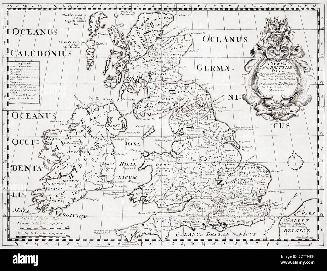 A new map of the British Isles, showing their ancient people, cities, and towns of note, in the time of the Romans.  After a map by cartographer Edward Wells published in 1800 in an atlas titled A New Sett of Maps Both of Antient and Present Geography etc. Stock Photo