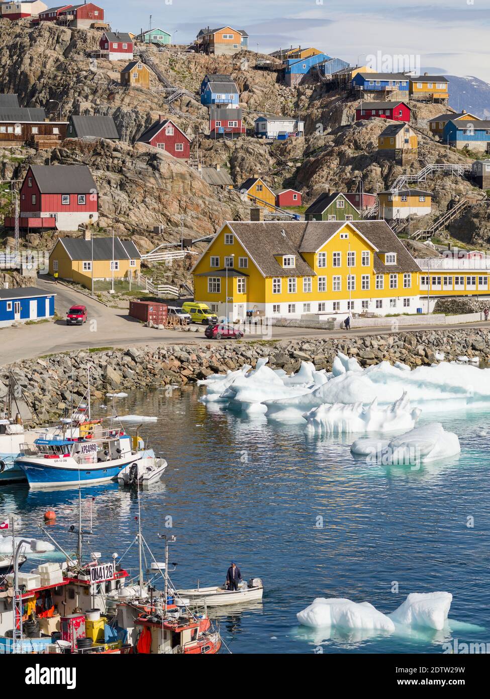 The harbour.  The town Uummannaq in the north of West Greenland, located on an island  in the Uummannaq Fjord System. America, North America, Greenlan Stock Photo