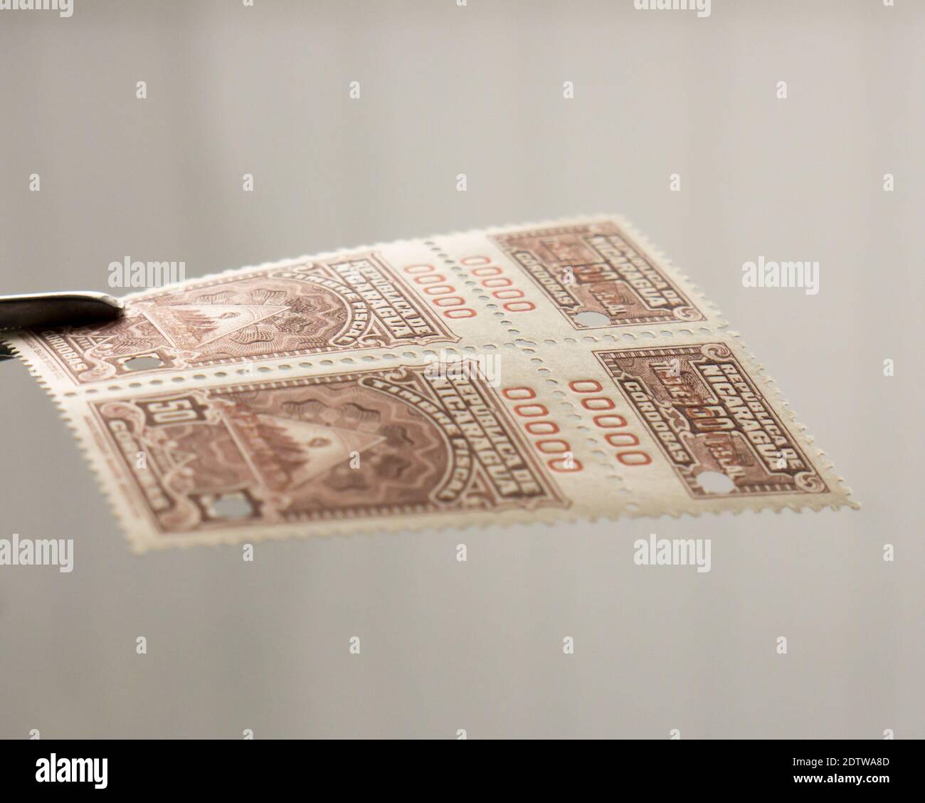 GOMEL, BELARUS, 22 DECEMBRE 2020, Stamp printed in Nicaragua shows image of the Timbre Fiscal, circa 1950. Stock Photo