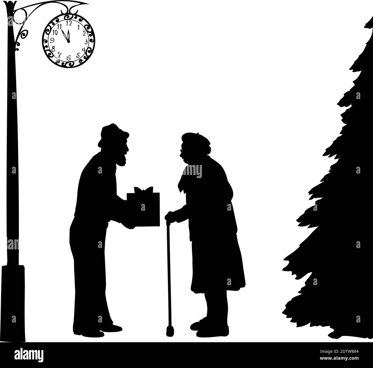 Silhouettes grandfather gives grandmother present at the clock and Christmas tree. Illustration symbol icon Stock Vector