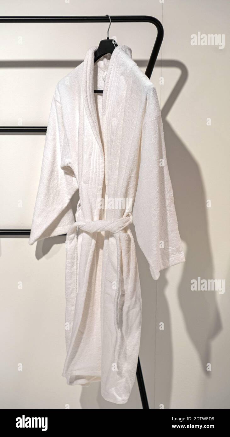 One White Clean Bathrobe Terry at Hanger Stock Photo Alamy