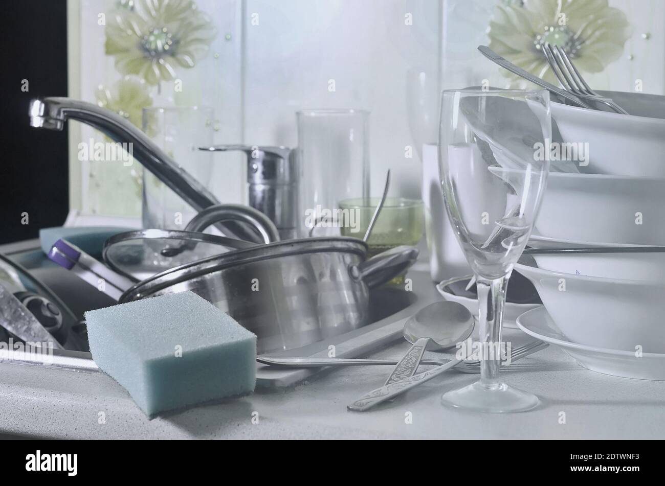 Kitchen Utensils And Cleaning Sponge In Sink Stock Photo Alamy