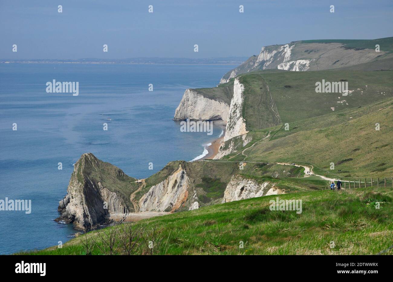 Looking west with  Durdle Door and on to chalk cliffs of Swyre Head and Bat's Head.Part of the Jurrasic coast of Dorset. UK Stock Photo