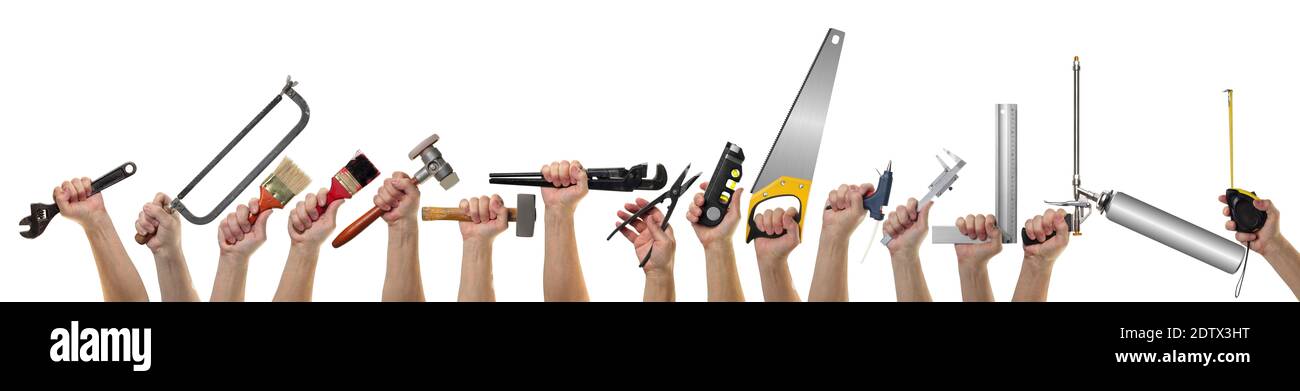 Objects hands action - Very big Banner, collage Hands hold building tools isolated white background. Stock Photo
