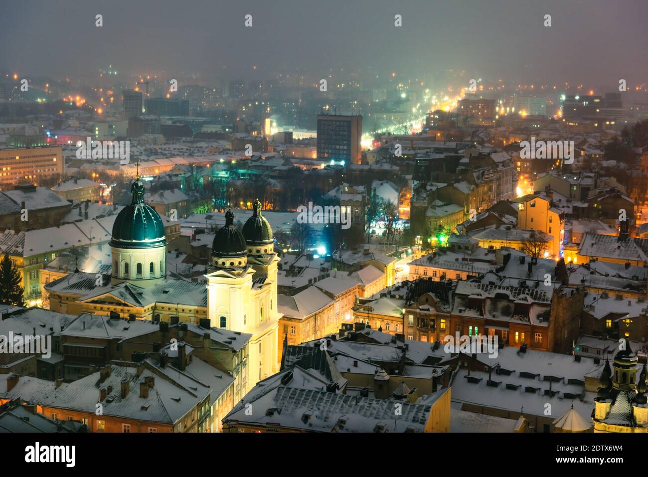 Gorgeus cityscape of winter Lviv city from top of town hall during sunset, Ukraine. Landscape photography Stock Photo