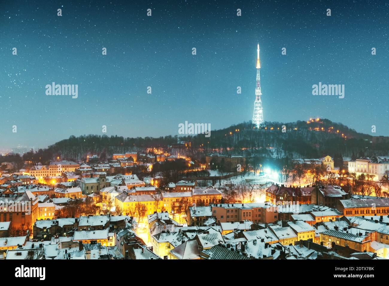 Gorgeus cityscape of winter Lviv city from top of town hall during sunset, Ukraine. Landscape photography Stock Photo