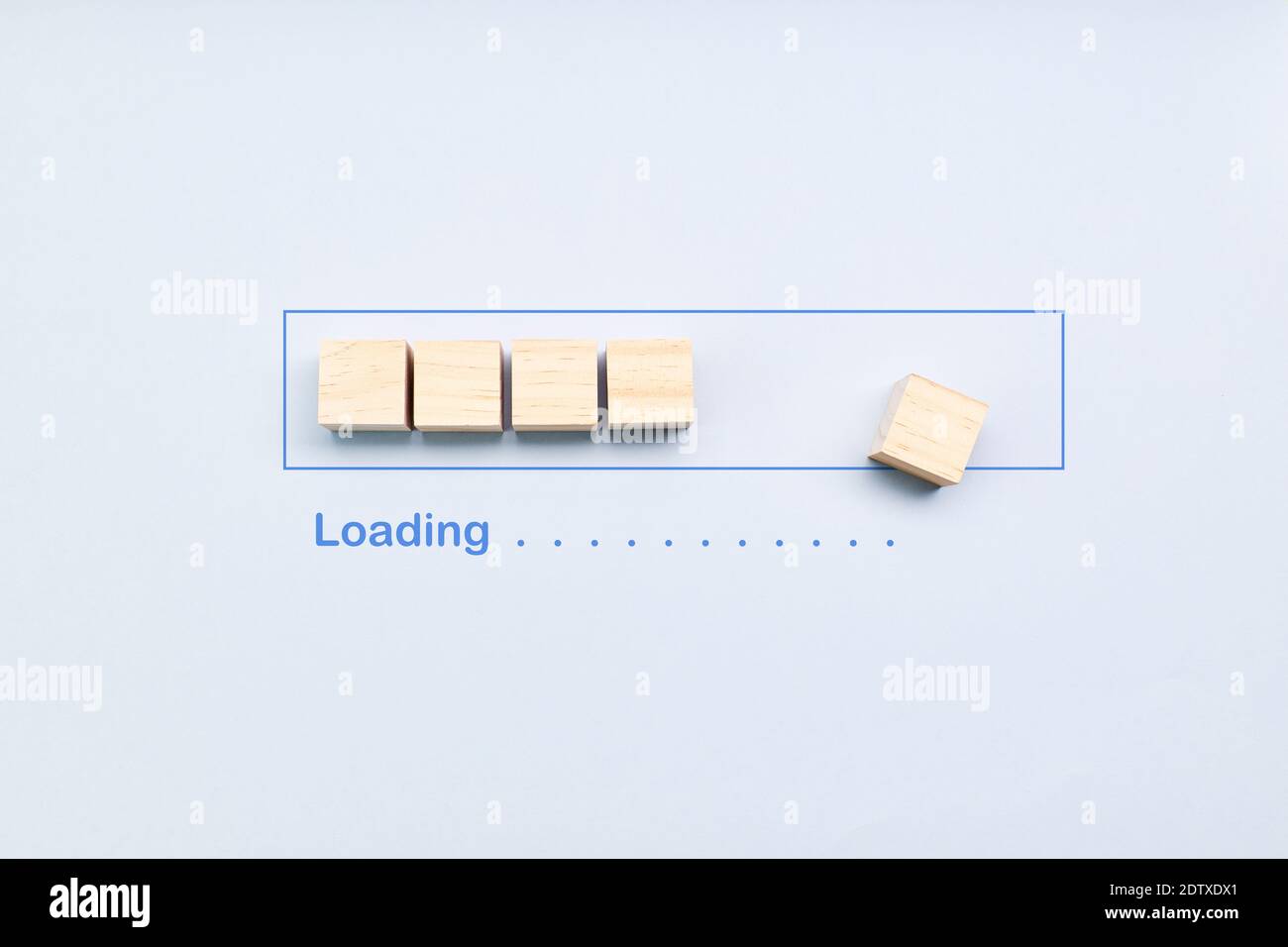 Loading, placing wood cube in progress bar. Download progress. Loading status Stock Photo