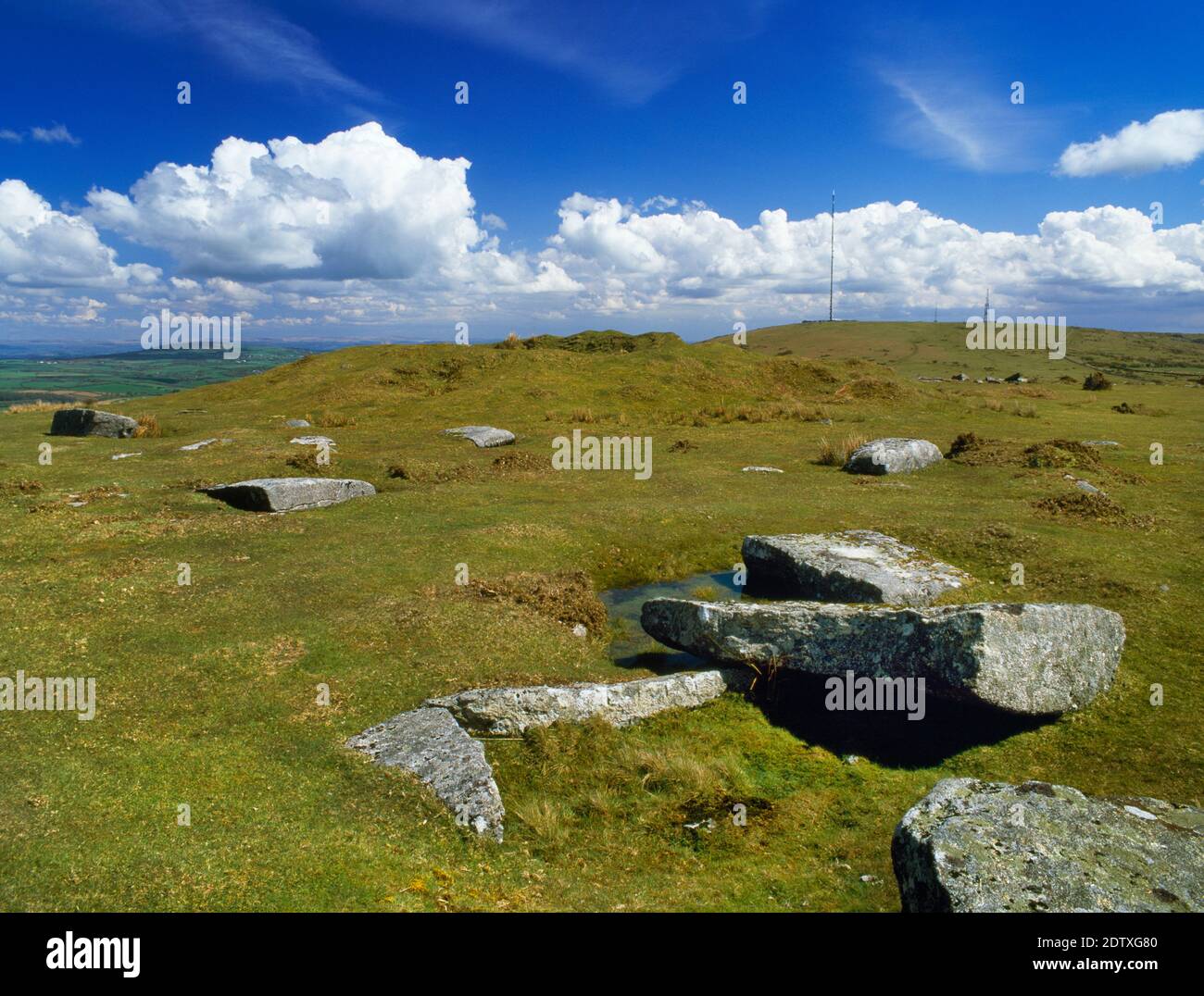 Rillaton Bronze Age round barrow, Bodmin Moor, England, UK, looking SE to the masts on Caradon Hill & the lowland fields beyond. Stock Photo