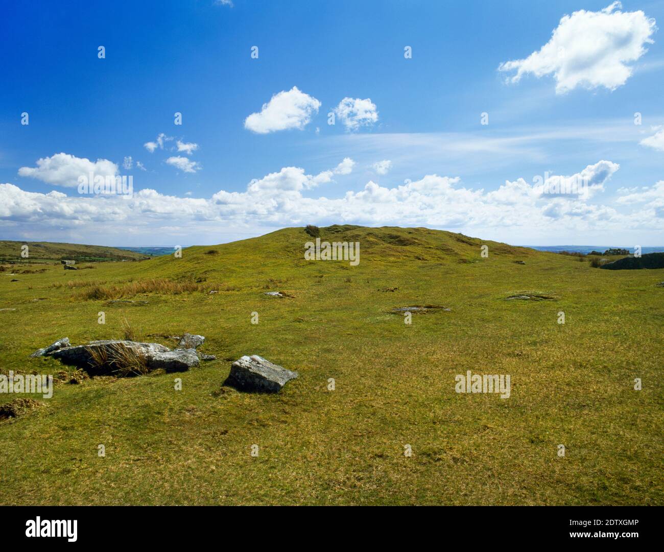 View SSW of the Rillaton Bronze Age round barrow, Bodmin Moor, Cornwall, England, UK, whose burial cist contained a skeleton with a ribbed gold cup. Stock Photo