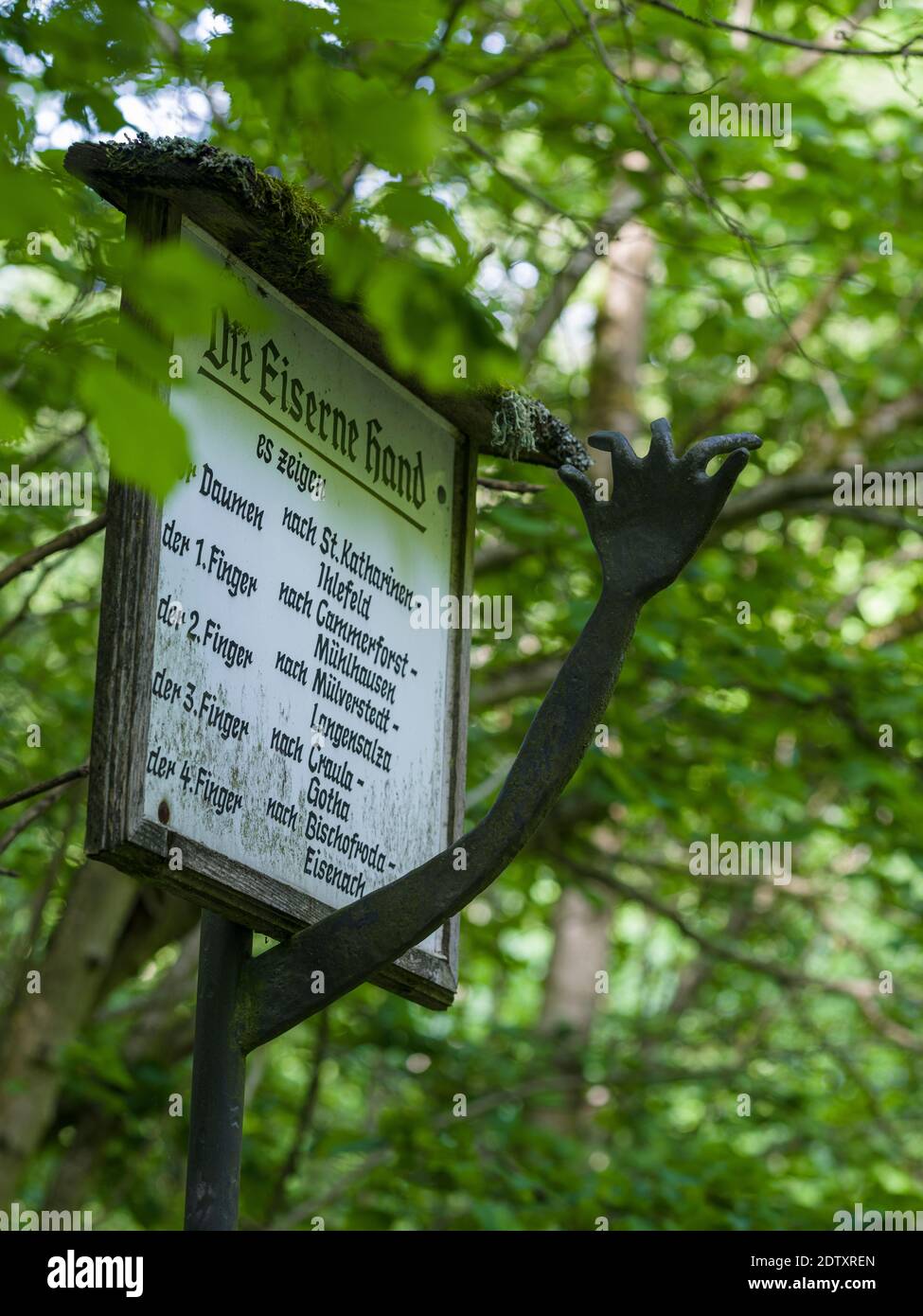 Old Signpost Eiserne Hand (iron hand).   The woodland Hainich in Thuringia, National Park and  part of the UNESCO world heritage - Primeval Beech Fore Stock Photo