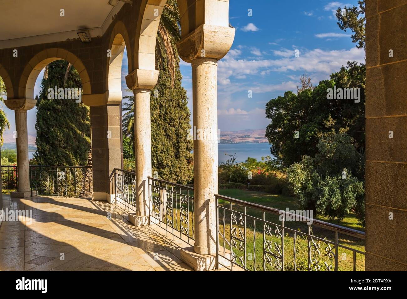 Columns and architectural details on the Church of the Beatitudes on the Mount of Beatitudes, Sea of Galilee region, Israel Stock Photo