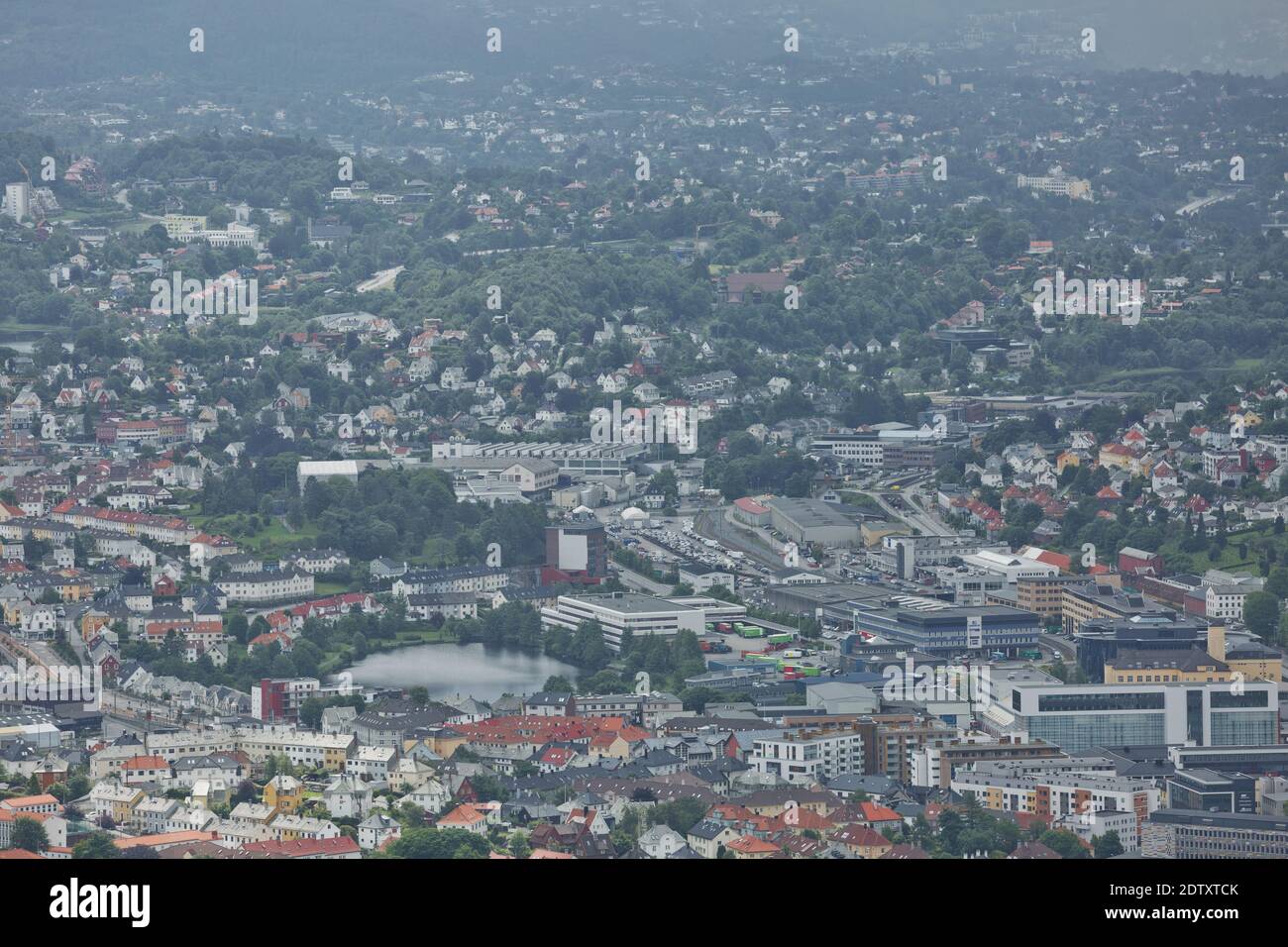 Bergen, Norway - July 18, 2017: View of Bergen city from Mount Floyen, Floyen is one of the city mountains in Bergen, Hordaland, Norway, and one of th Stock Photo