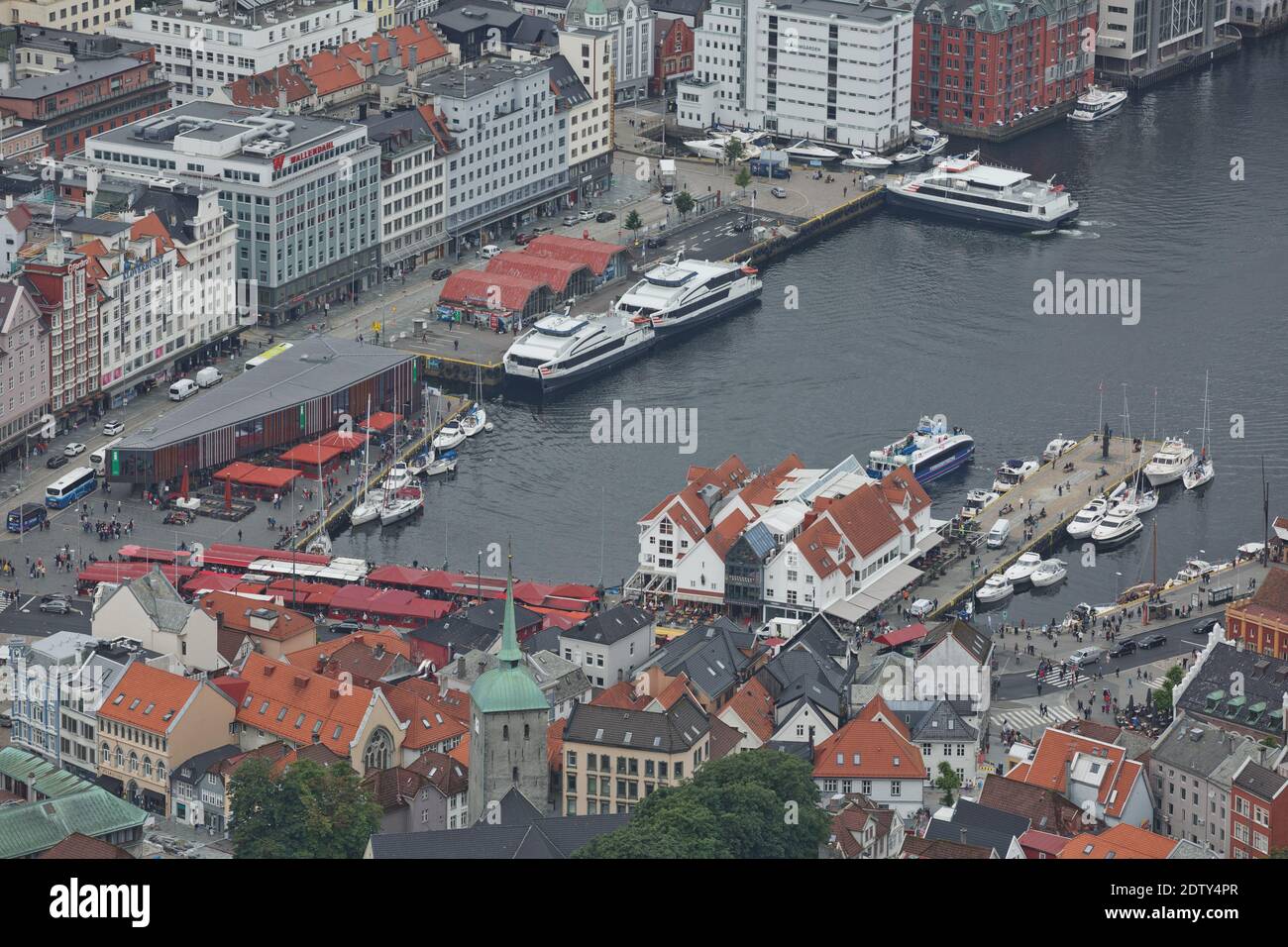 Bergen, Norway - July 18, 2017: View of Bergen city from Mount Floyen, Floyen is one of the city mountains in Bergen, Hordaland, Norway, and one of th Stock Photo