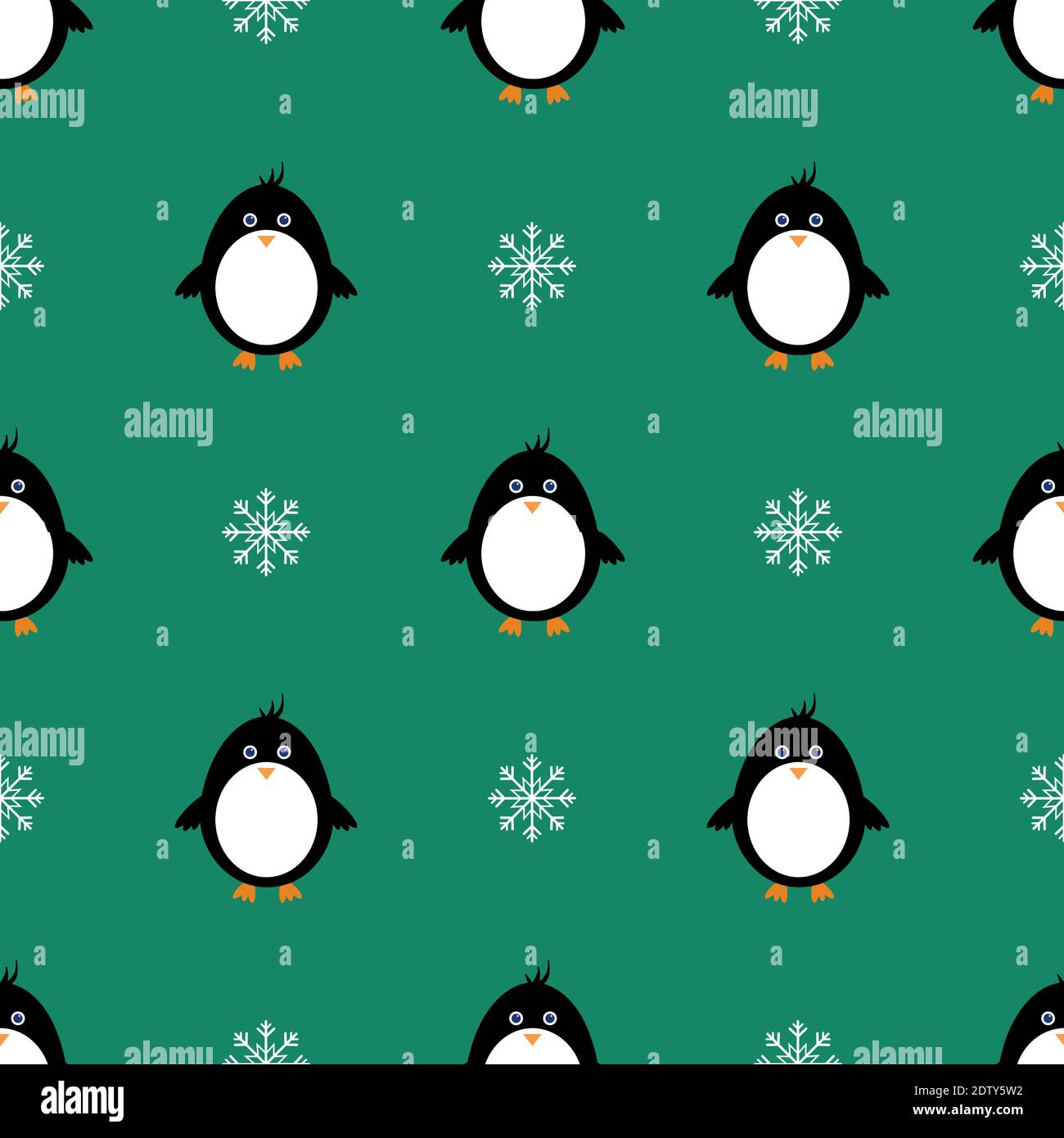 Seamless pattern with penguin and snowflakes on green background . Christmas background. Cute wrapping paper. Funny childish New year fabric template, Stock Photo