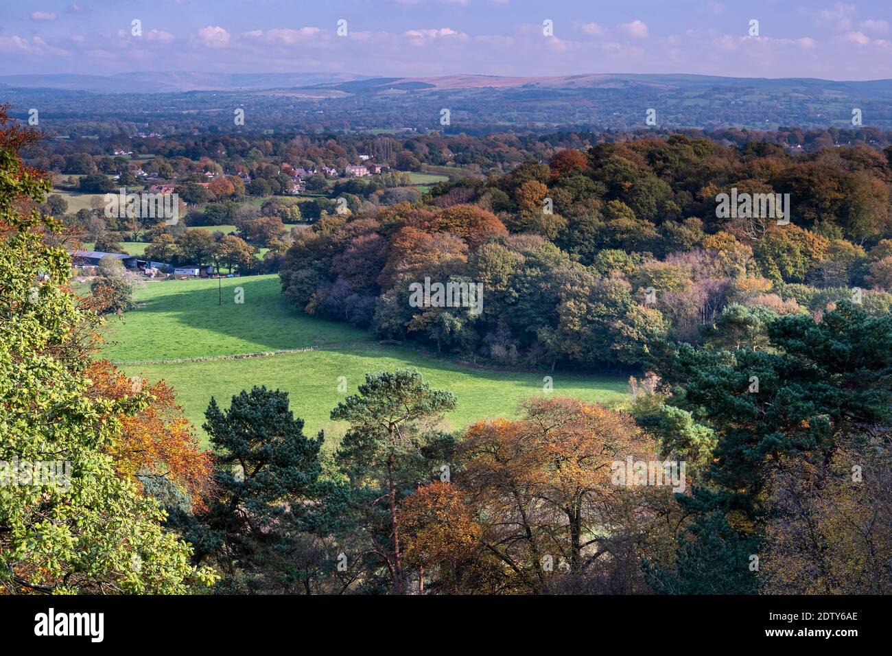 View from Stormy Point over the Cheshire Plain in autumn, Alderley Edge, Cheshire, England, UK Stock Photo