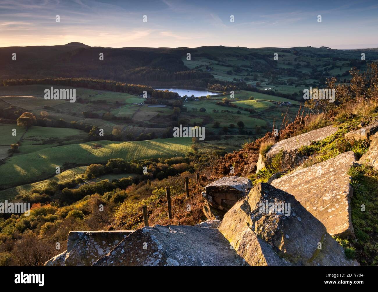 Shutlingsloe and Macclesfield Forest from Tegg’s Nose at first light, Tegg’s Nose, near Macclesfield, Cheshire, England, UK Stock Photo