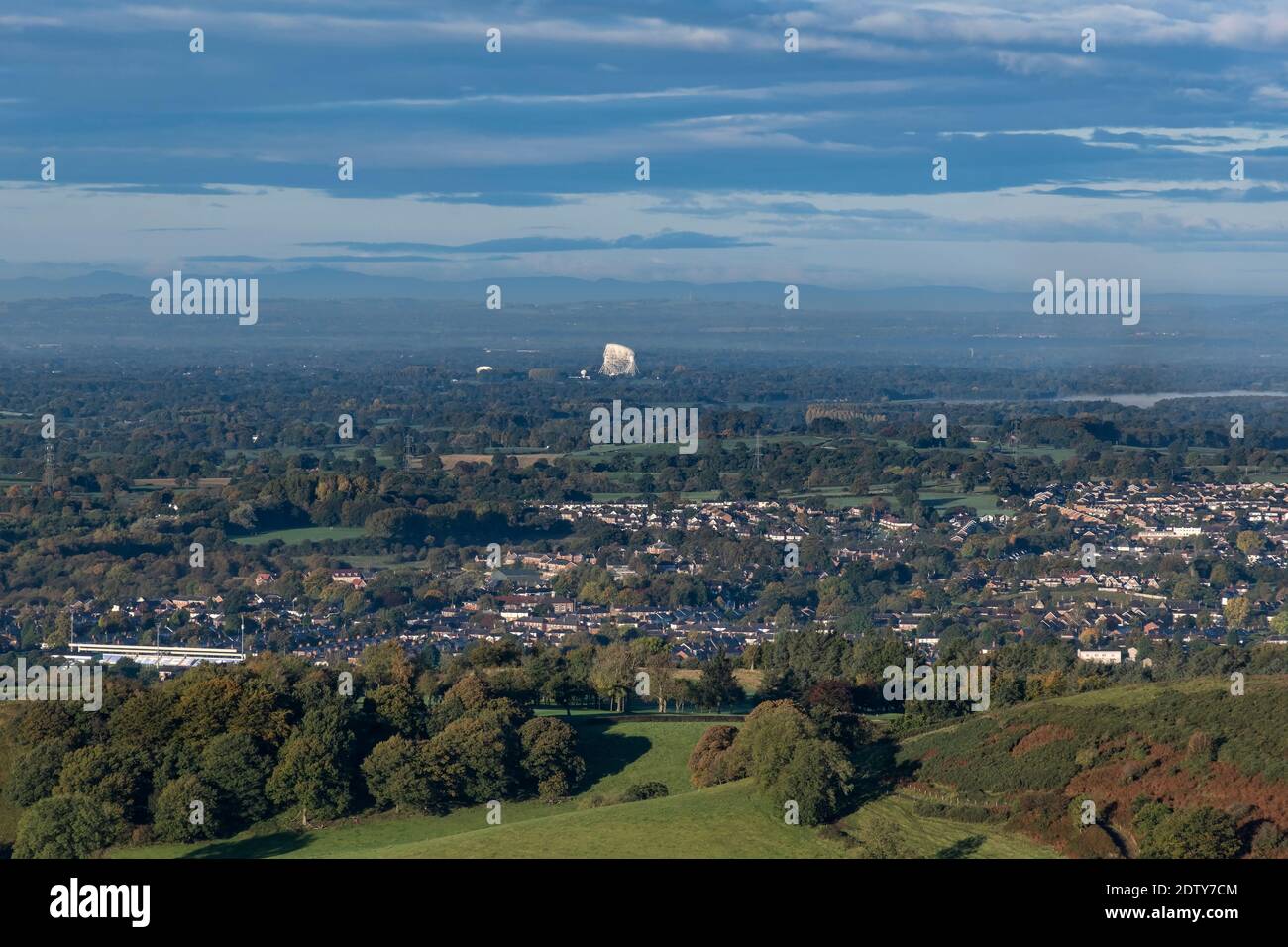 Jodrell Bank, Macclesfield and the Cheshire Plain viewed from Tegg’s Nose, near Macclesfield, Cheshire, England, UK Stock Photo