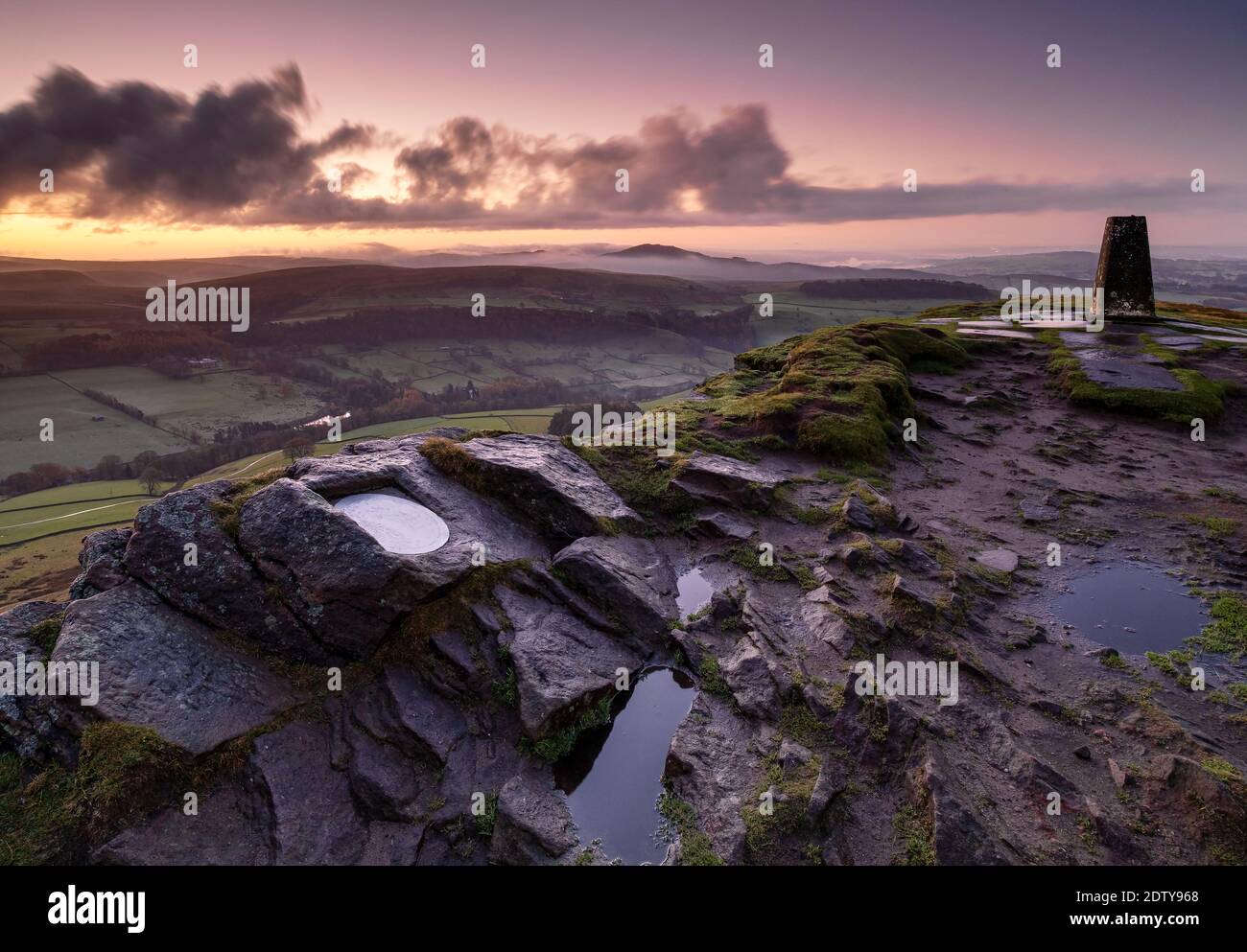 Dawn from the peak of Shutlingsloe over Wildboarclough, near Macclesfield, Cheshire, Peak District National Park, England, UK Stock Photo