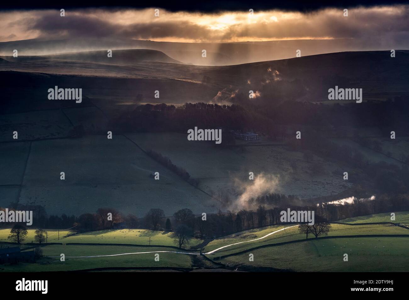 Dramatic light over Crag Hall and Wildboarclough from Shutlingsloe, Cheshire, Peak District National Park, England, UK Stock Photo