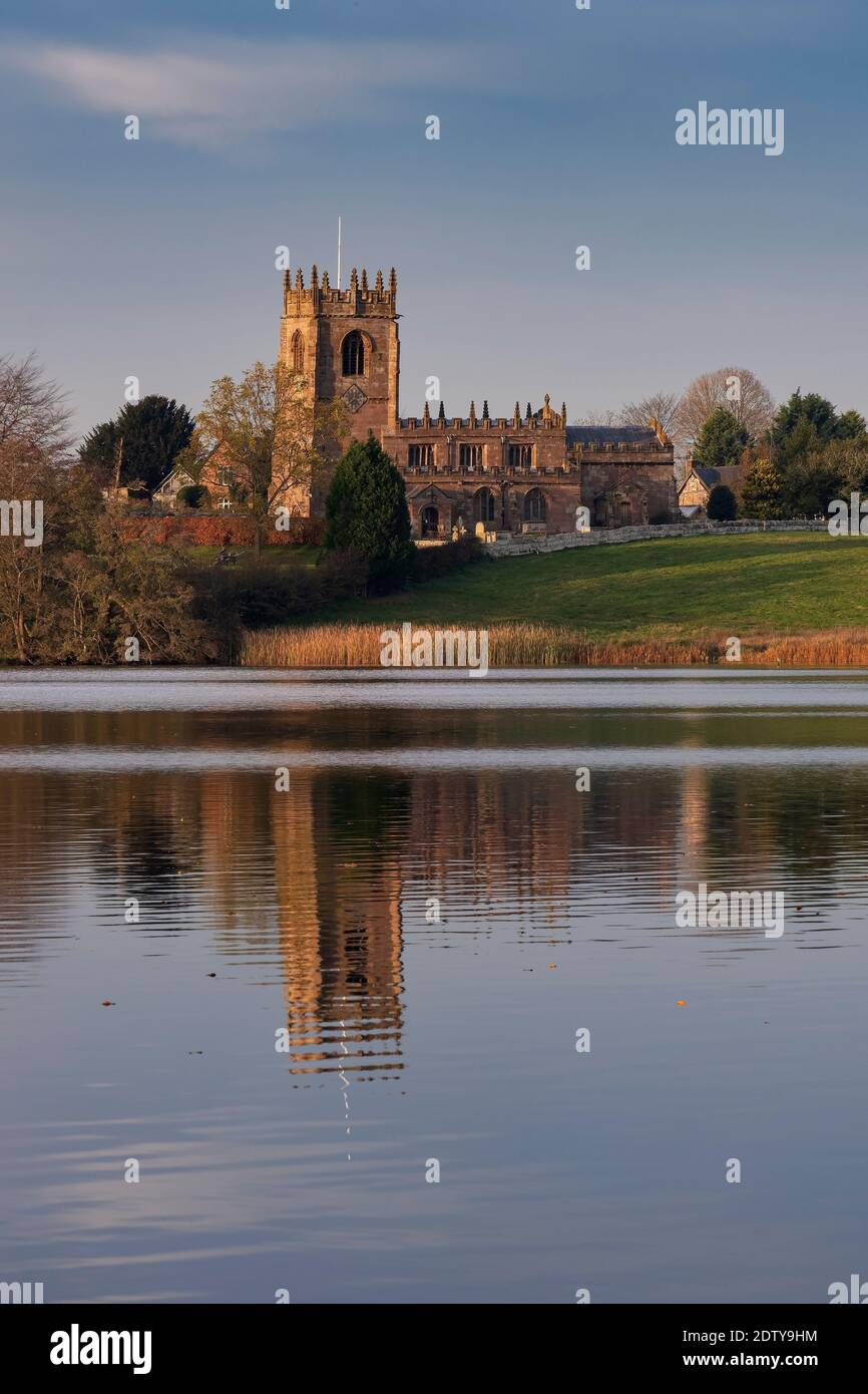 St Michael’s Church over Big Mere, Marbury, Cheshire, England, UK Stock Photo