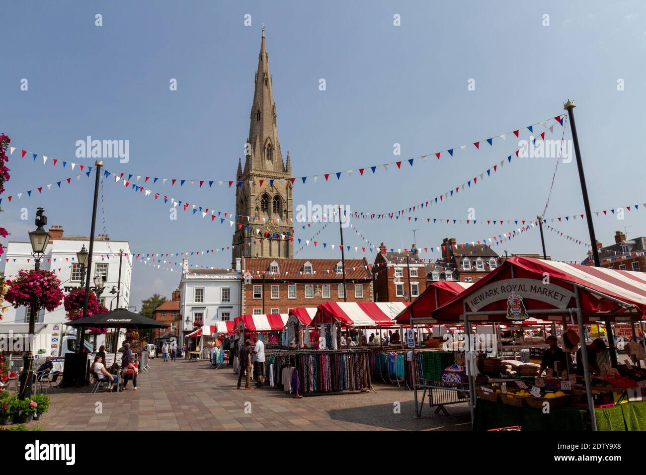 Newark Royal Market, Market Place, with the spire of the Parish Church of St Mary Magdalene, Newark-on-Trent, Nottinghamshire, UK. Stock Photo