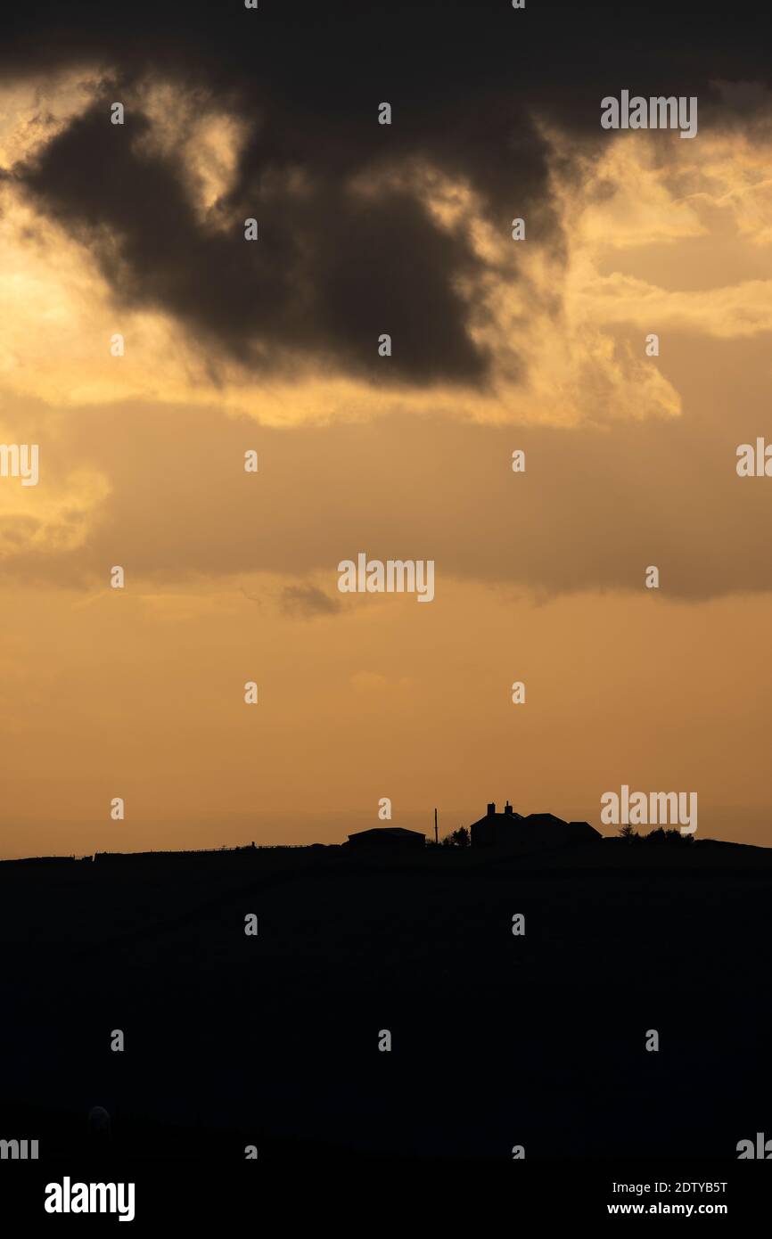 Blue Boar Farm at sunset from Windgather Rocks, Cheshire, Peak District National Park, England, UK Stock Photo