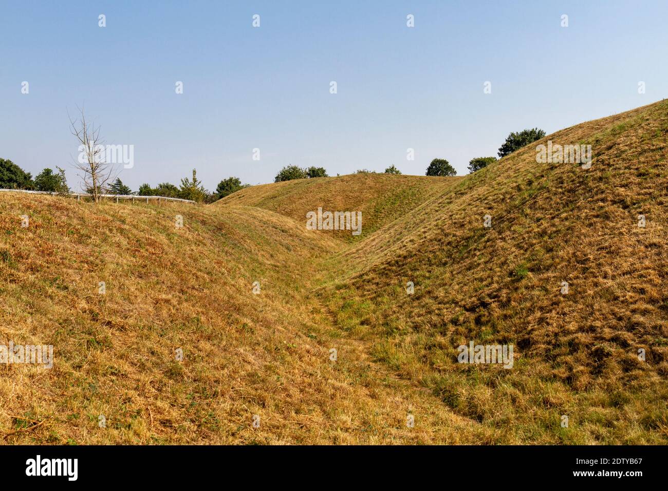 The moat around the Queens Sconce, English Civil War fort, Newark, Nottinghamshire, UK. View from NW corner looking east. Stock Photo