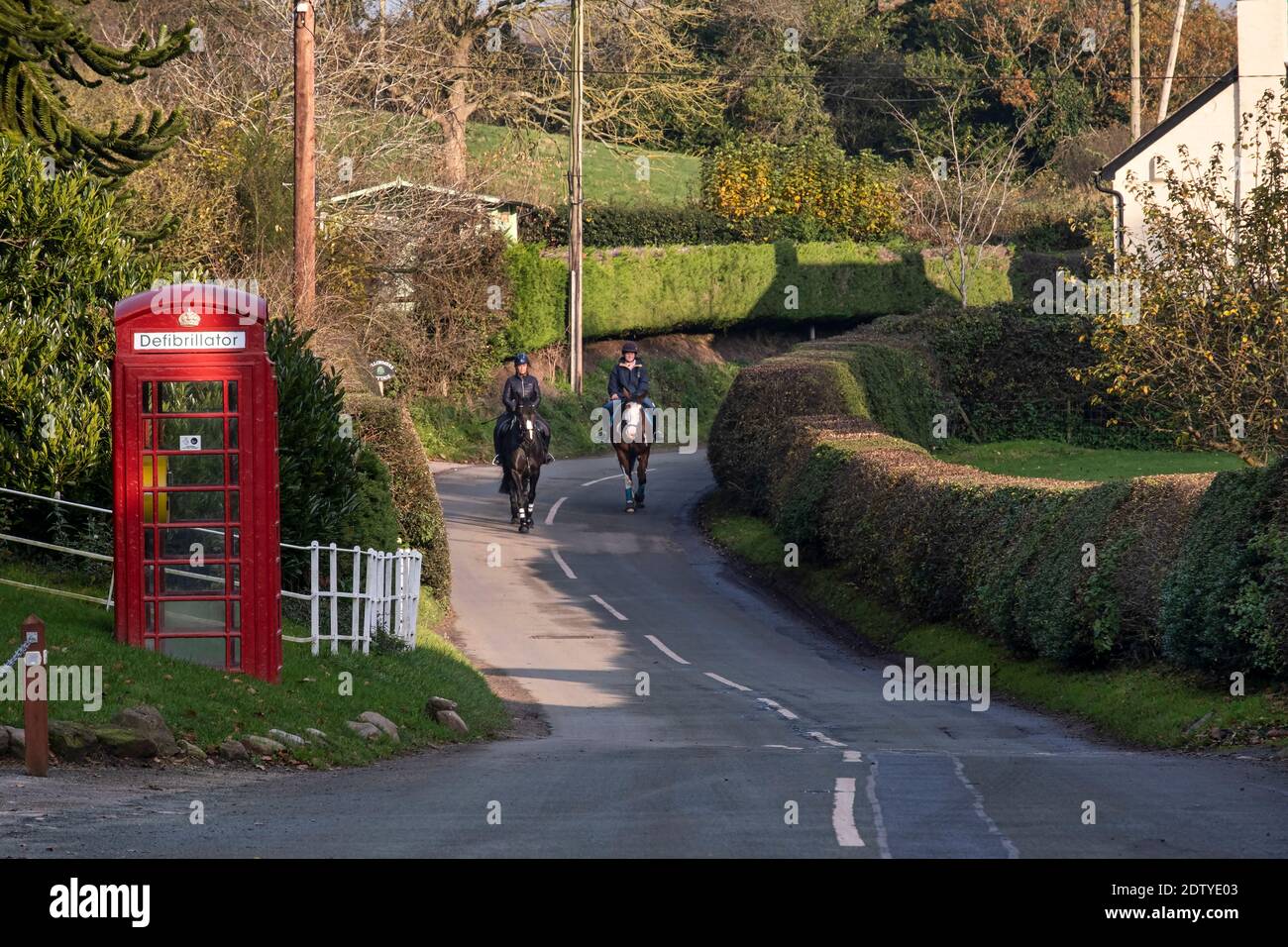 Horse Riders on a bend in the road, Marbury, Cheshire, England, UK Stock Photo