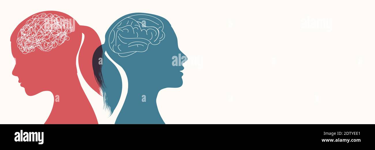 Metaphor bipolar disorder mind mental. Double face.Split personality. Concept mood disorder.2 Head female silhouette. Psychology. Dual personality con Stock Vector