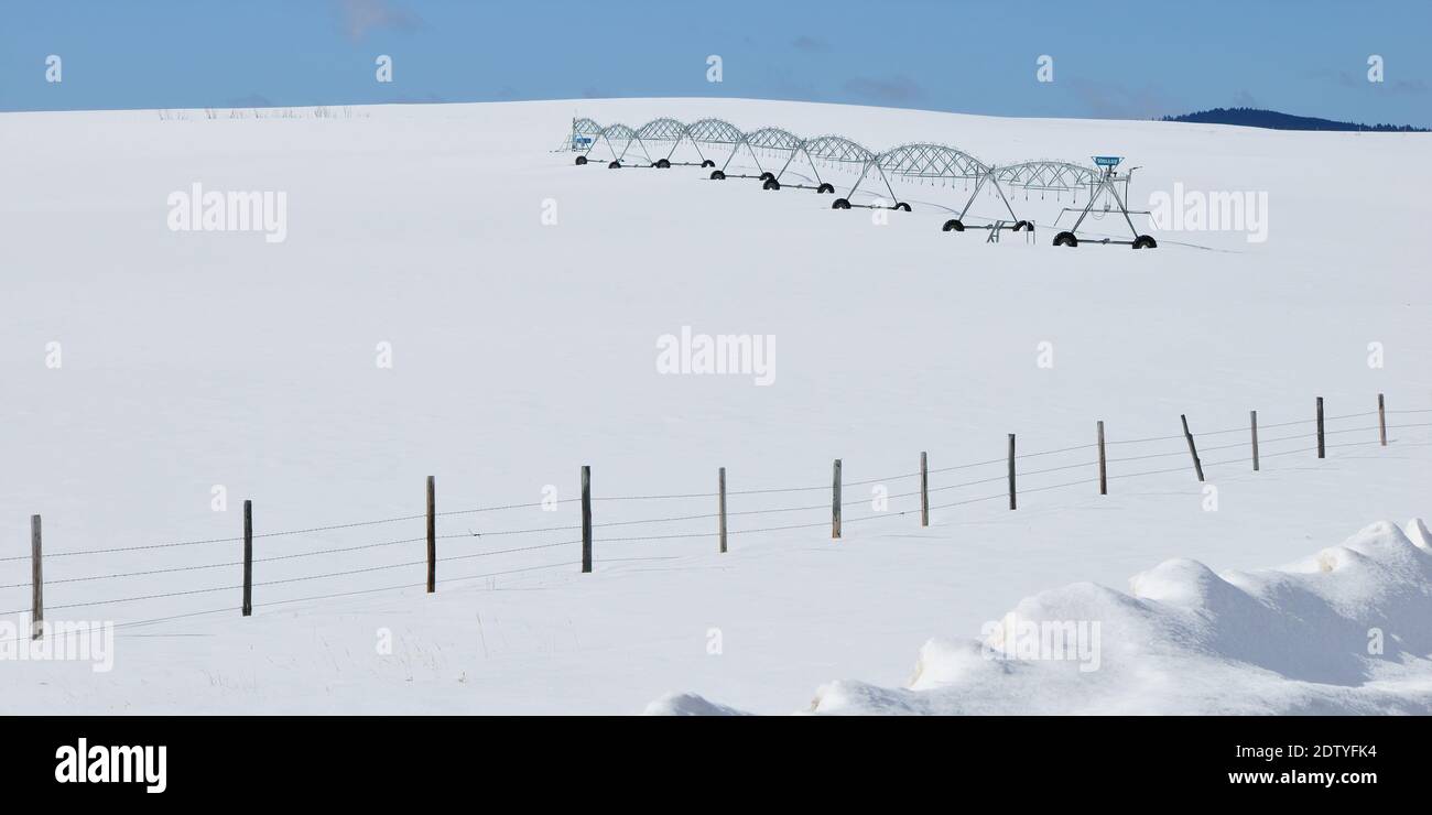 A snow covered farm field in winter near Philipsburg, MT on Skalkaho Pass Road Stock Photo