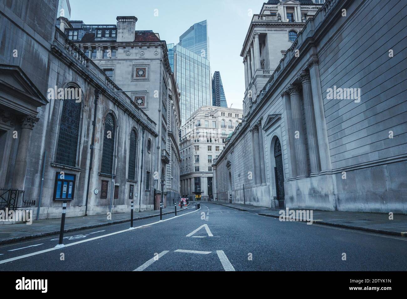 London, UK - December 2020 :  Bank in the City of London with quiet streets Stock Photo