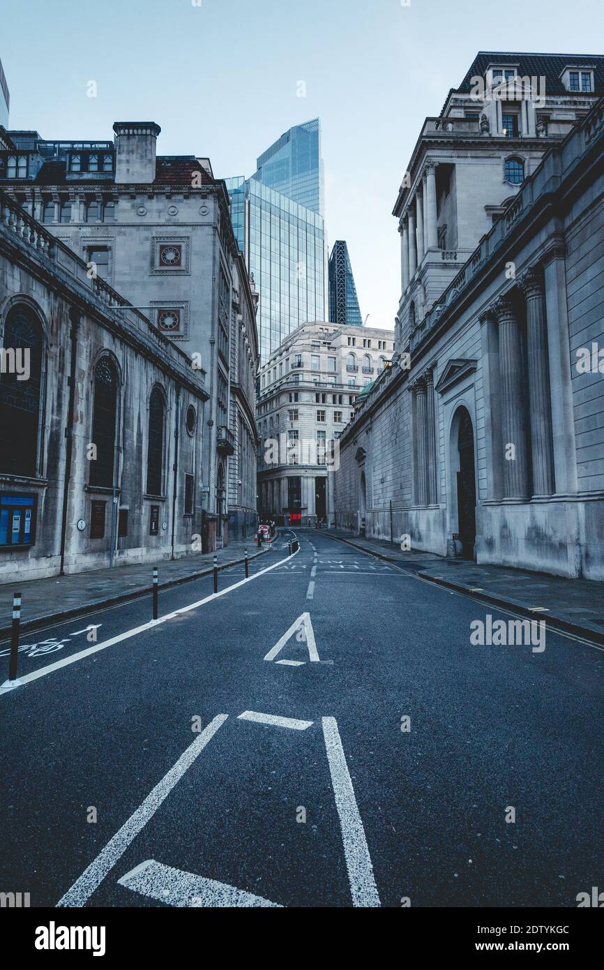London, UK - December 2020 :  Bank in the City of London with quiet streets Stock Photo