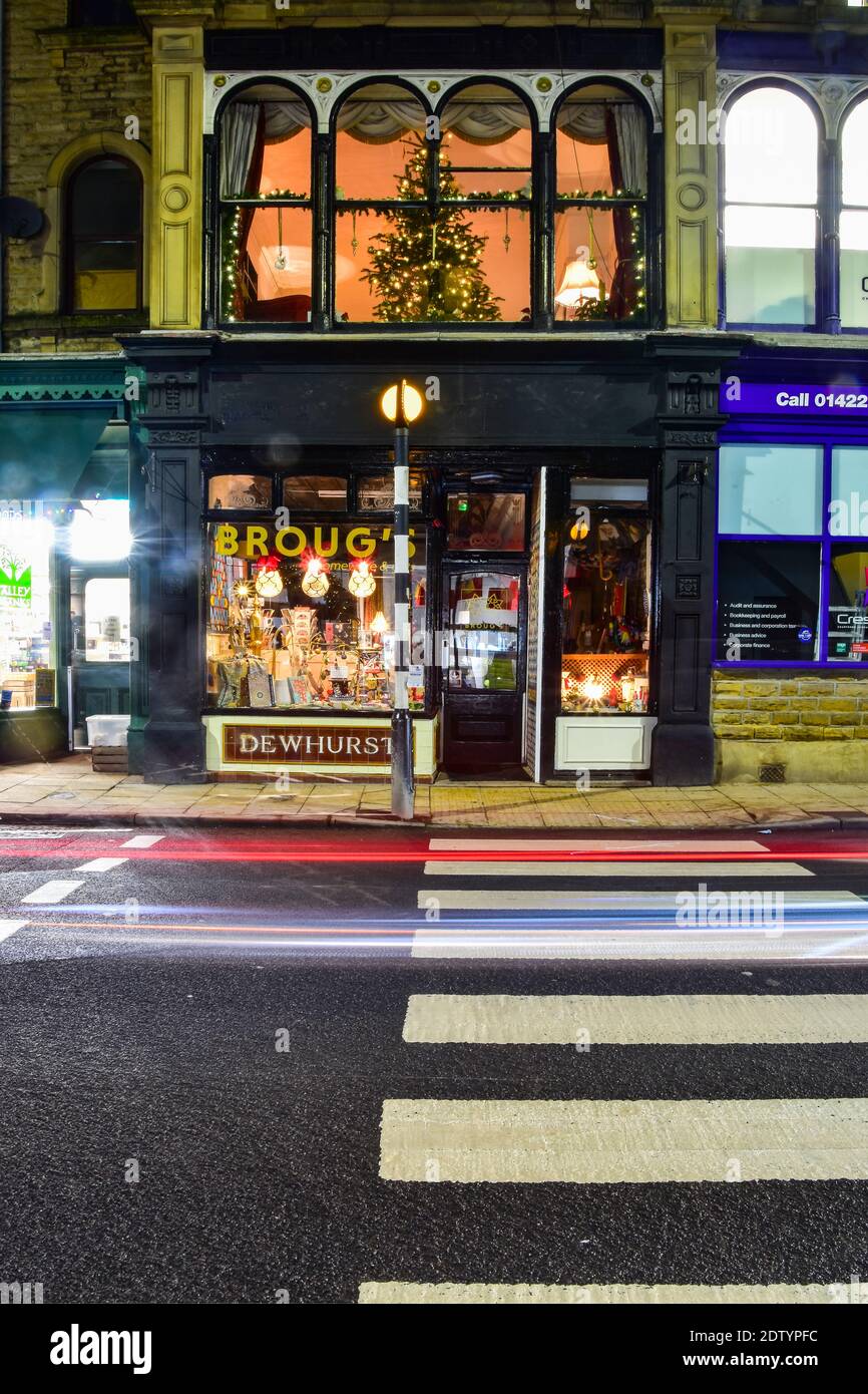 Zebra Crossing, Market Street at night, Hebden Bridge, Calderdale, West Yorkshire Stock Photo