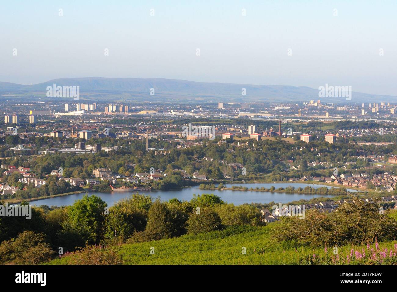 View over Stanley Reservoir and Paisley to the Kilpatrick hills, in