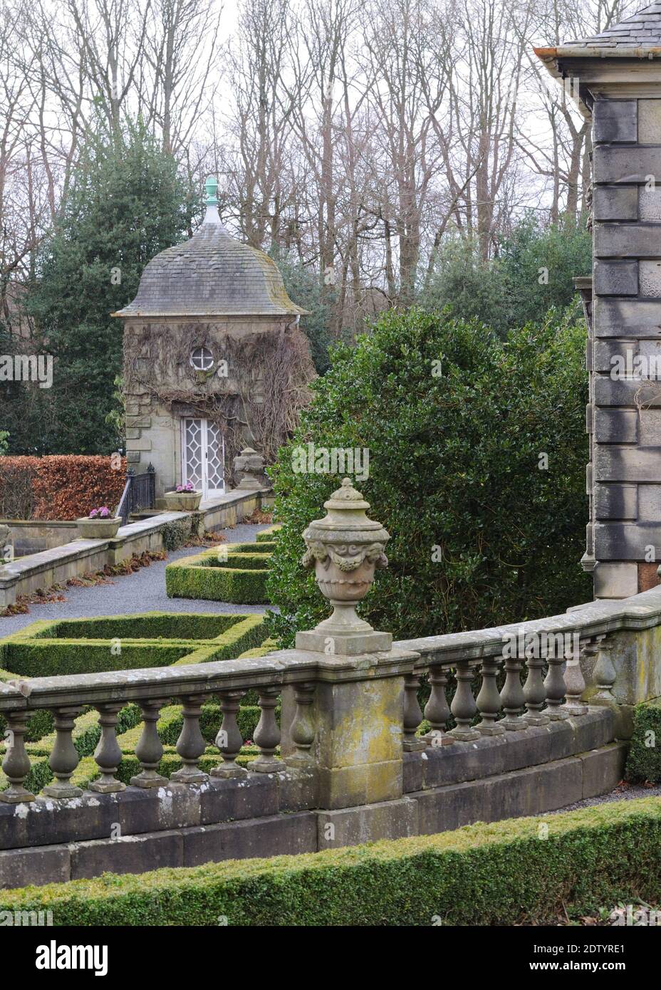 Formal garden and decorative stone work at Pollok House in Glasgow, Scotland, UK, Europe Stock Photo