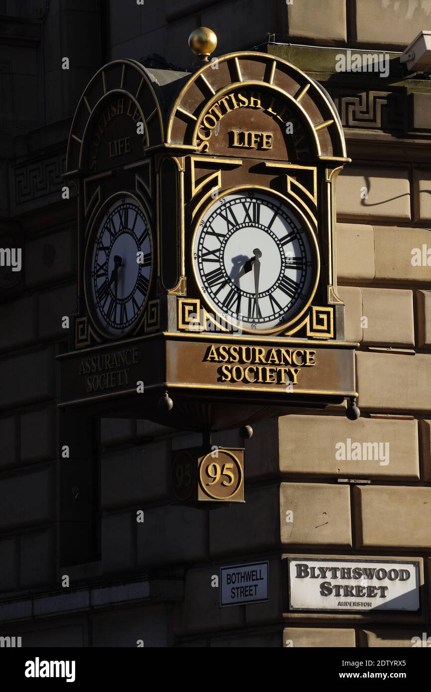 Decorative four faced clock of the Scottish legal Life Assurance Society in Glasgow, Scotland, UK, Europe Stock Photo