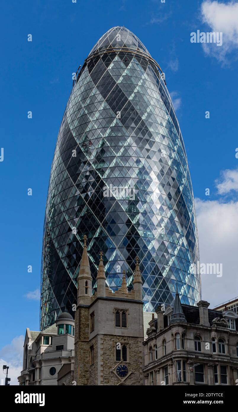 30 St Mary Axe is better known as The Gherkin, is a commercial skyscraper in London's primary financial district, the City of London. Stock Photo