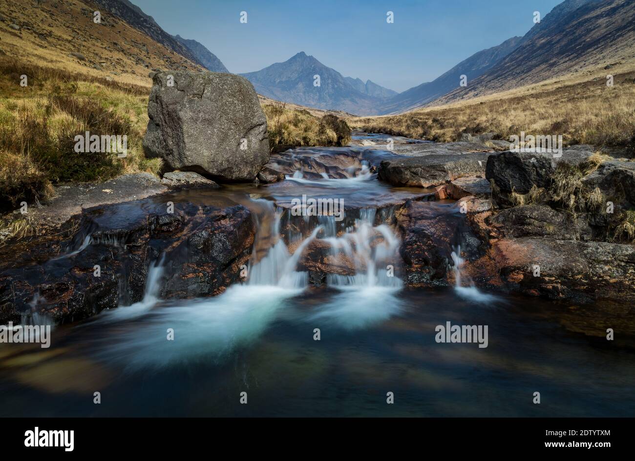The small waterfall of Glen Rosa is a popular destinations for hikers on the scenic island of Arran in Scotland in the United Kingdo. Stock Photo