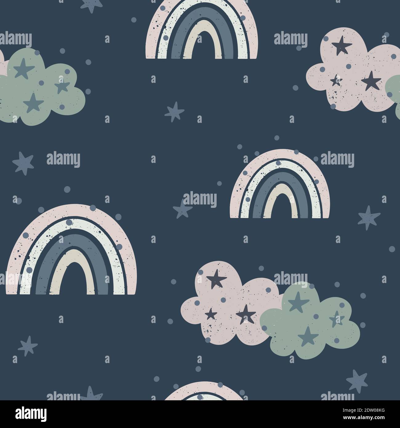 Cute nursery seamless pattern with pastel colored rainbows, clouds and ...