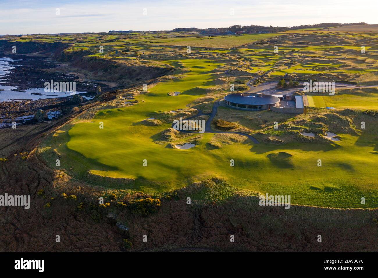Aerial view of The Castle Course golf links outside St Andrews in Fife