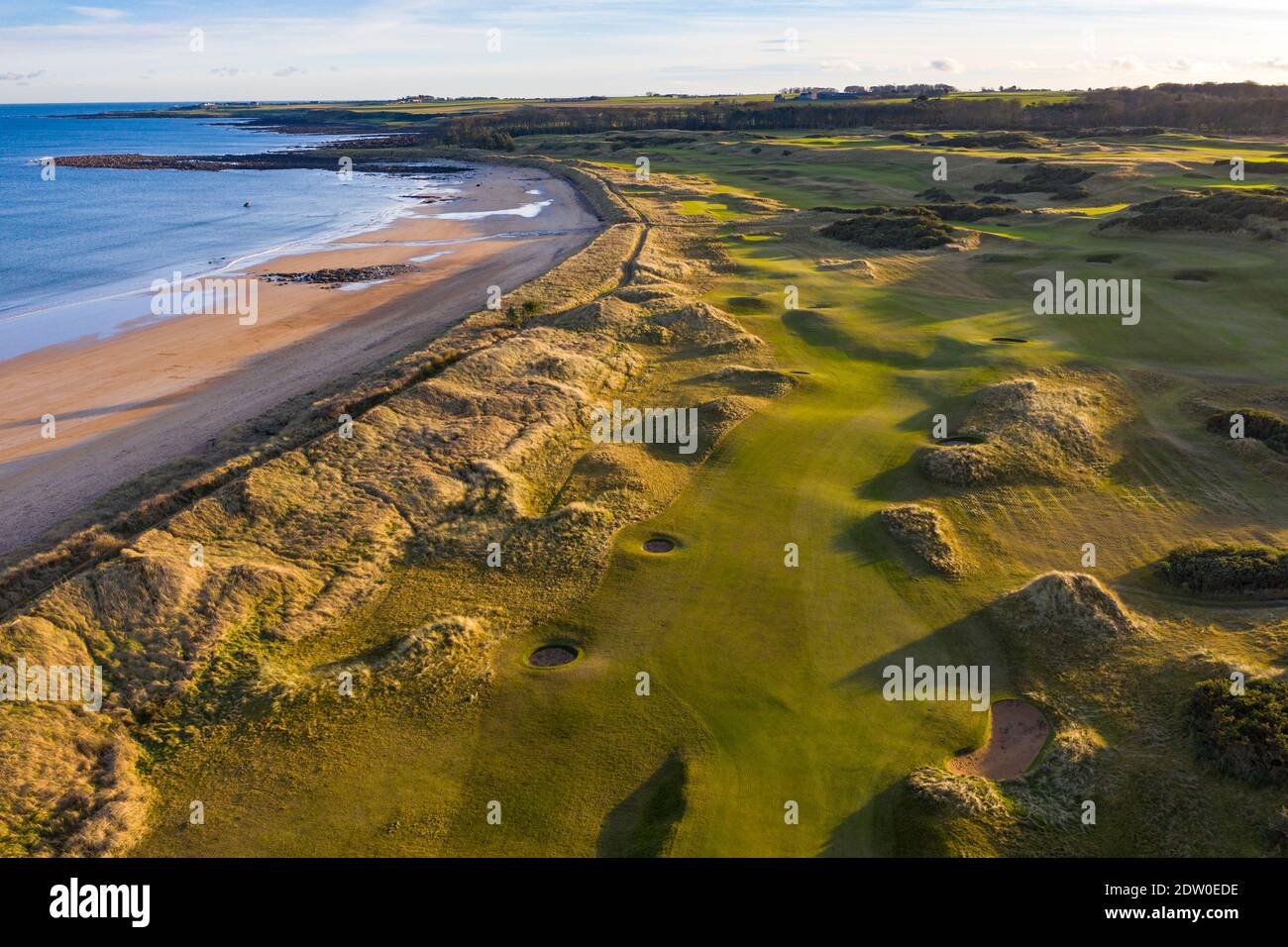 Aerial view of Kingsbarns links golf course outside St Andrews in Fife