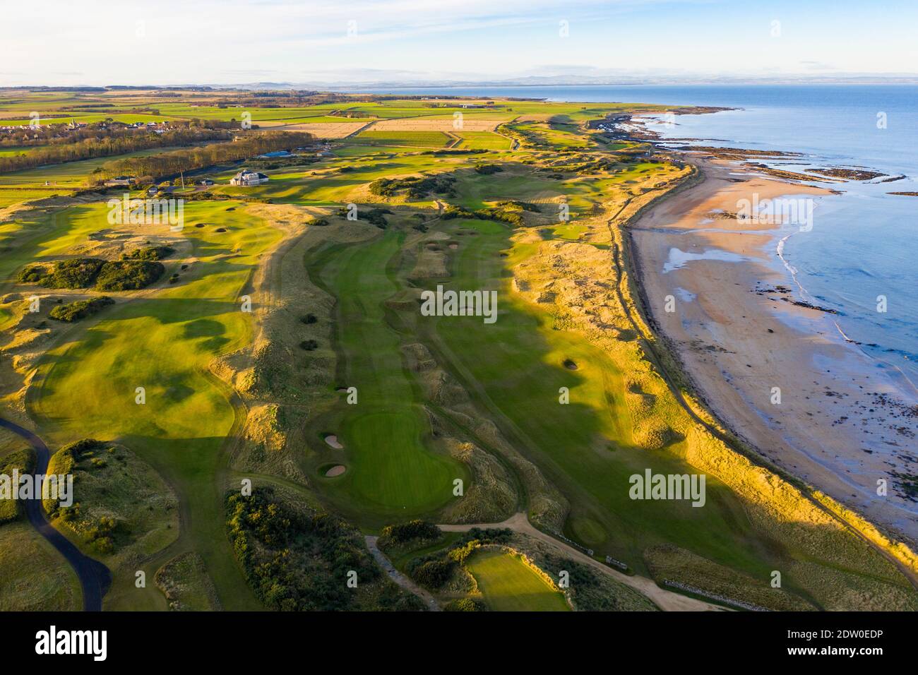 Aerial view of Kingsbarns links golf course outside St Andrews in Fife