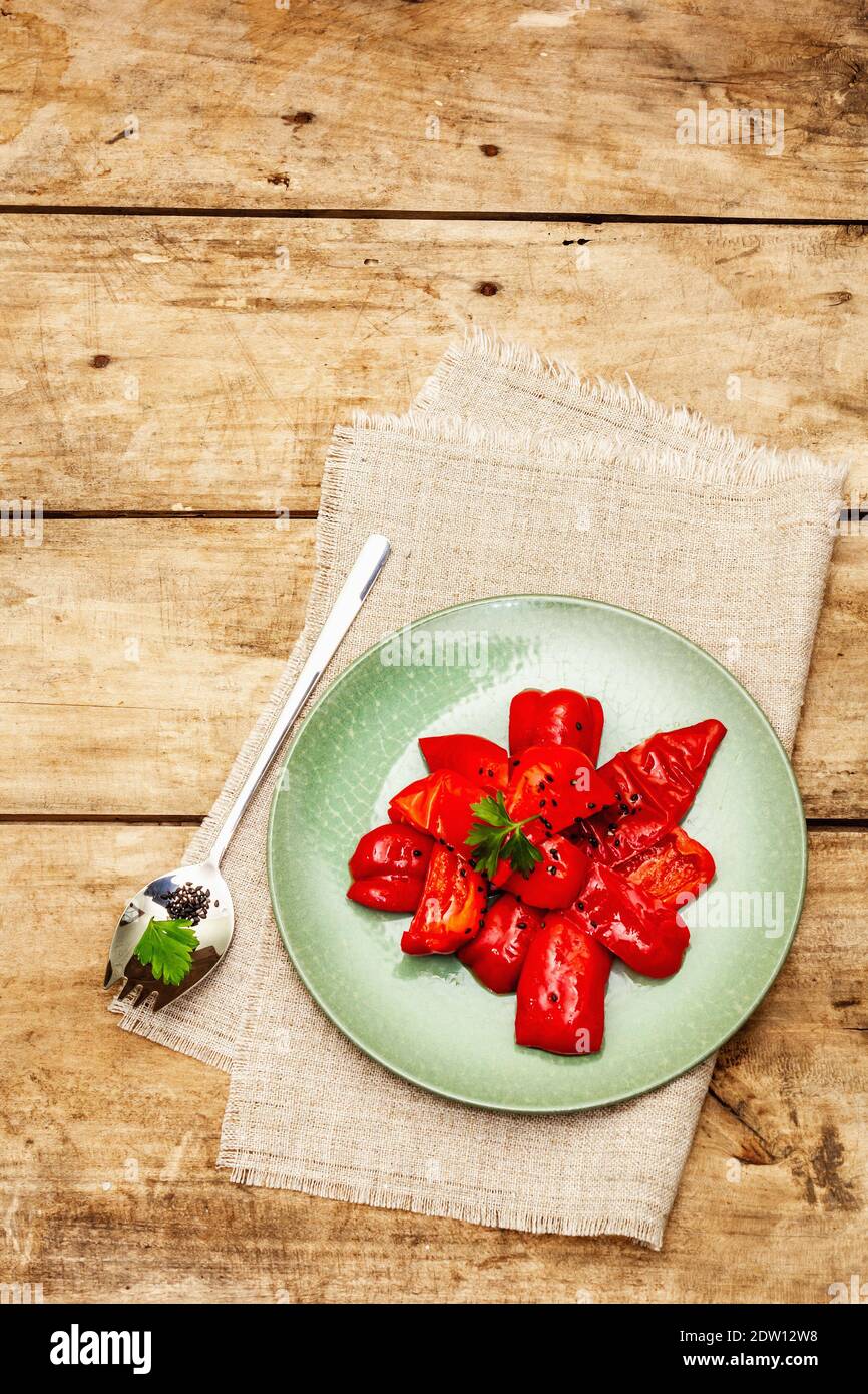 Homemade fermented sweet red pepper. Vegan healthy meal great for good