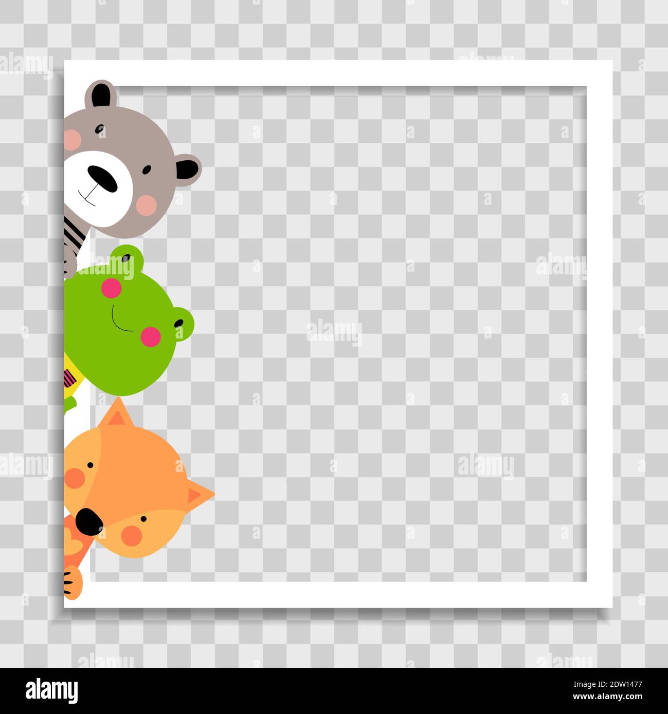 Empty Photo Frame with Cute animal frog, bear and fox Template for Media Post in Social Network. Vector Illustration Stock Vector