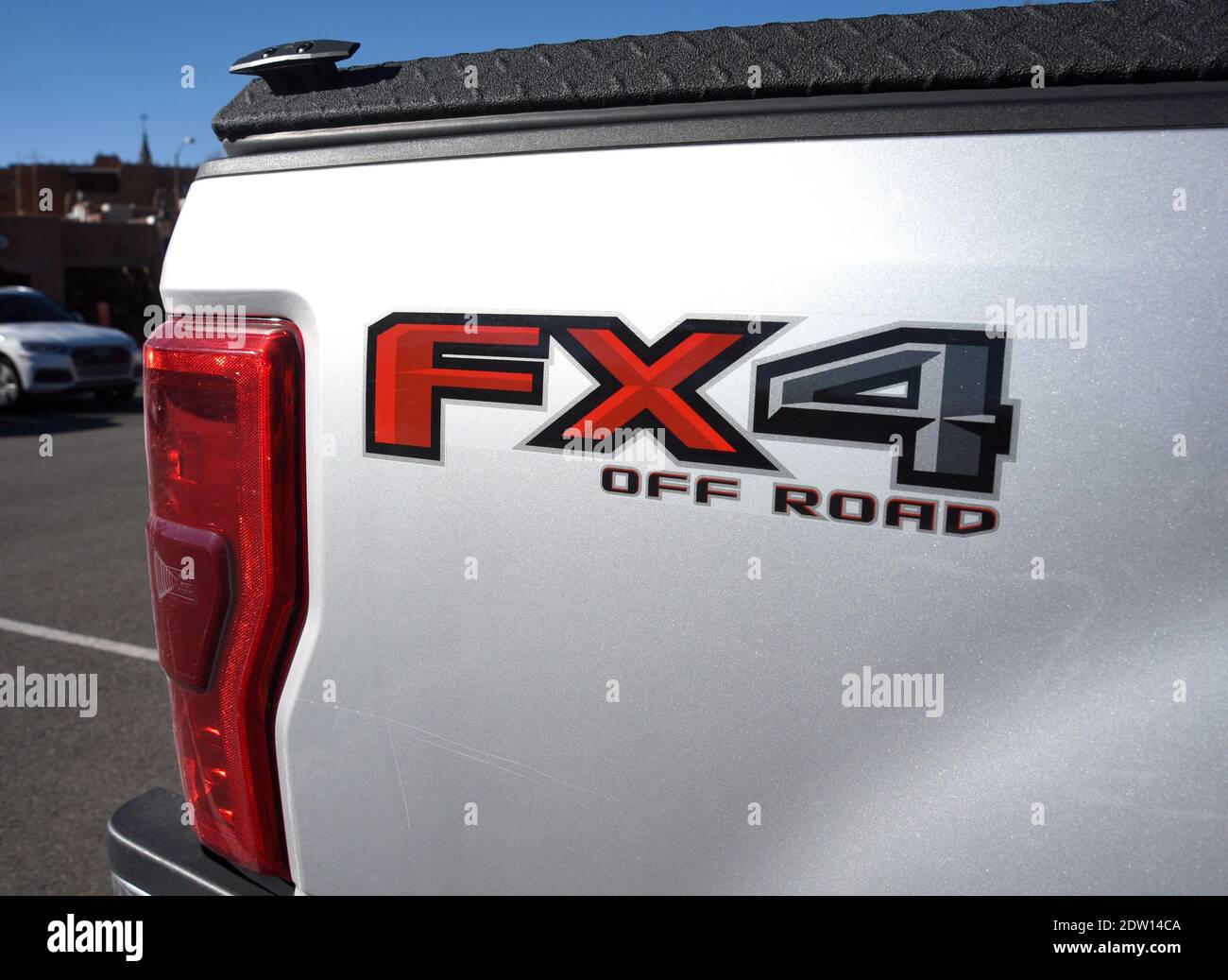 Closeup of a Ford F-150 FX4 Off Road pickup truck parked in Santa Fe, New Mexico. Stock Photo