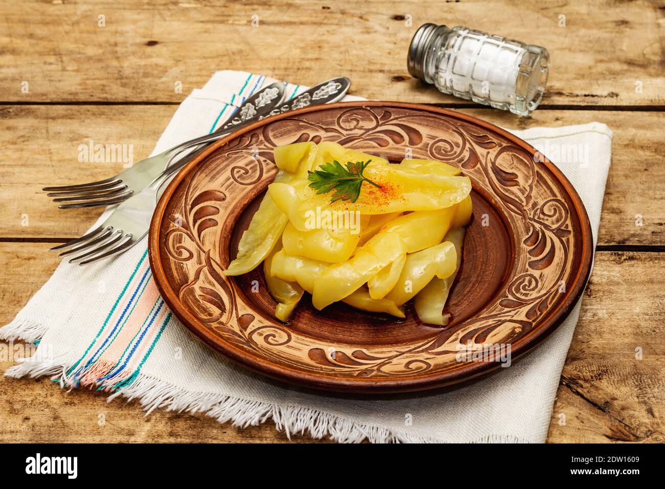 Homemade fermented sweet yellow pepper. Vegan healthy meal great for