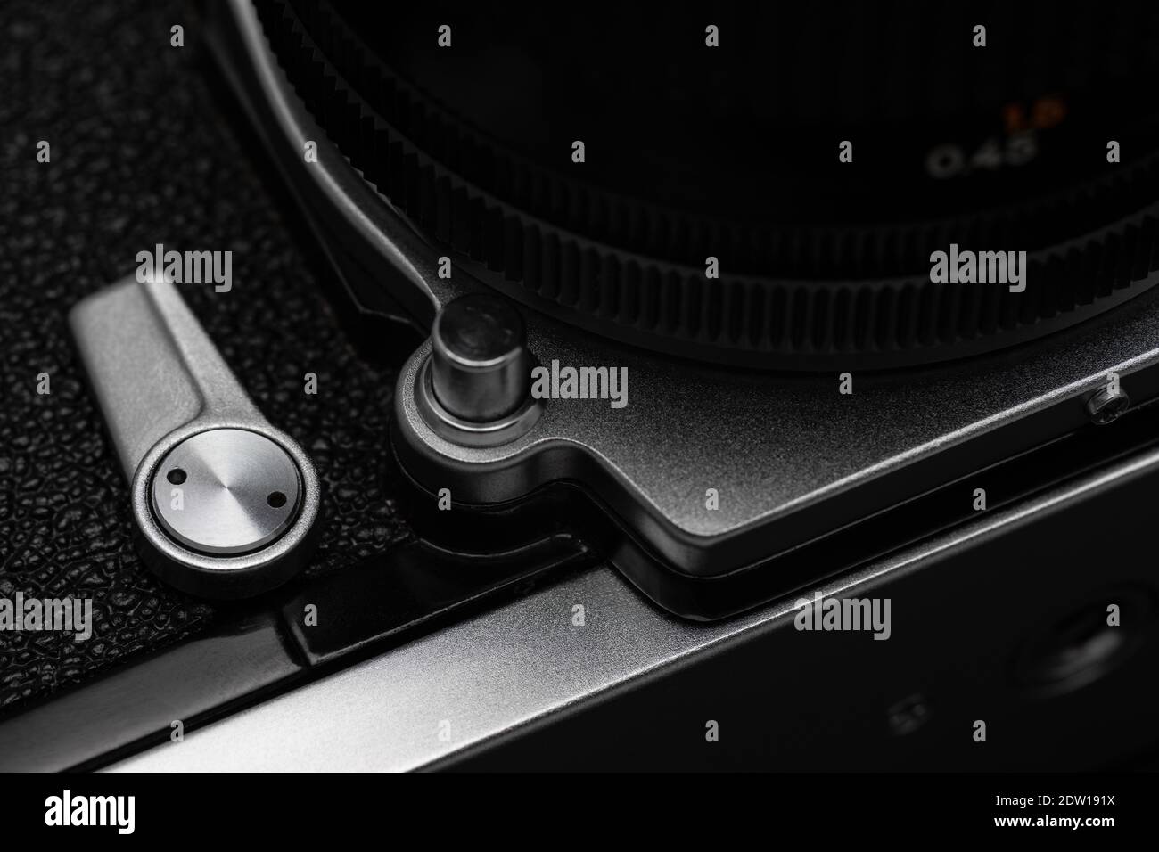 Film camera detail. Self timer lever Stock Photo Alamy