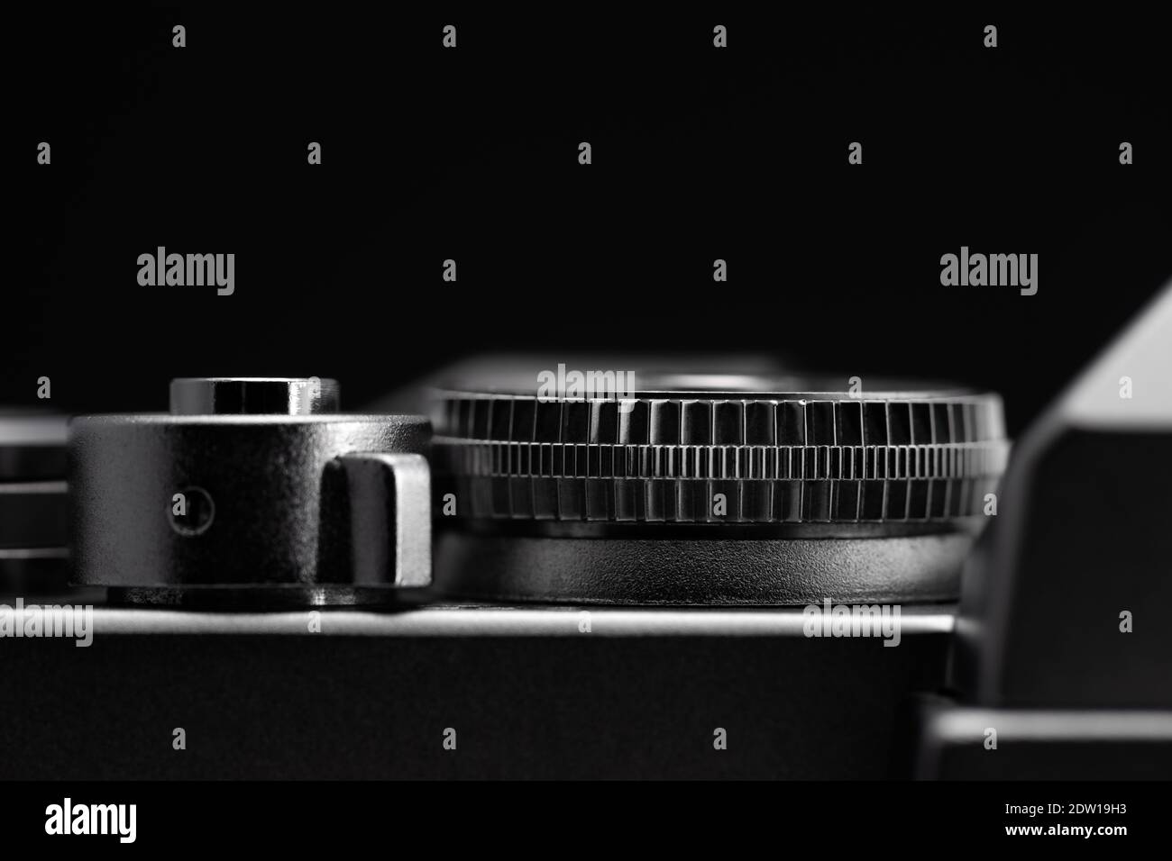 Front view of shutter speed dial and shutter release button, film